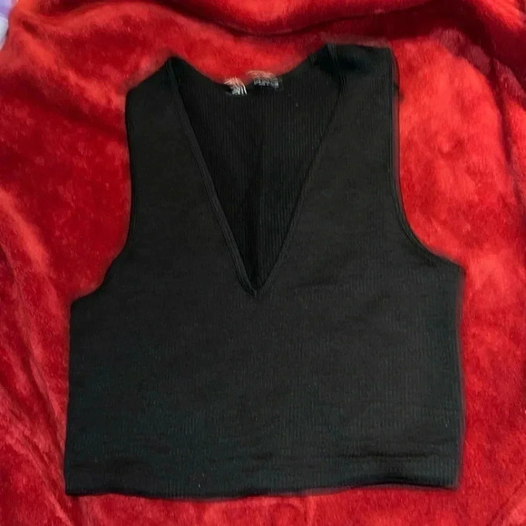 Zara Racer black Ribbed deep V-neck crop tank top Sz M - Picture 7 of 9